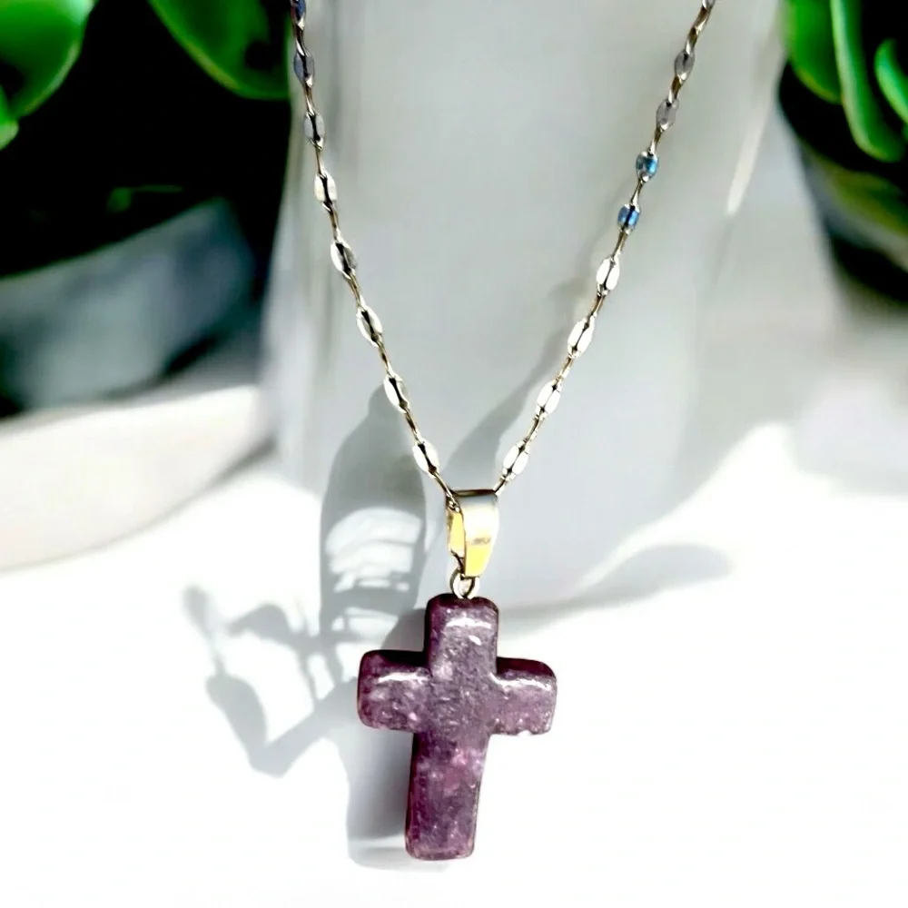 Amethyst Cross Pendant on Stainless Steel Chain - Picture 2 of 6